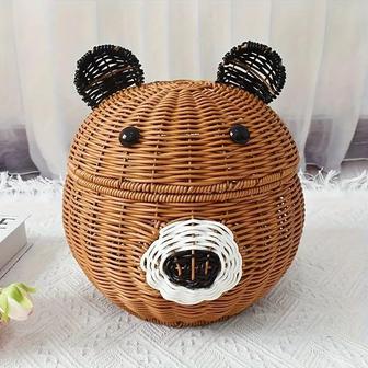 Mini Panda Shape Plastic Rattan Storage Basket Resin Wicker Rattan Handmade Woven Decor Gift Basket With Lid | Rusticozy