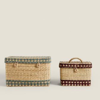 Natural Set Of 2 Seagrass Storage Baskets With Lid Stripes Box And Storage Baskets Items Holder Storage Container | Rusticozy