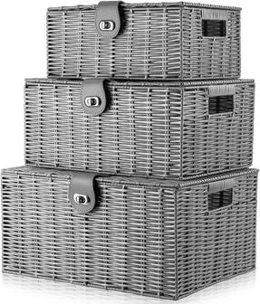 Pure Grey Wicker Baskets Set Of 3 Woven Basket For Storage Plastic Storage Basket With Holes | Rusticozy