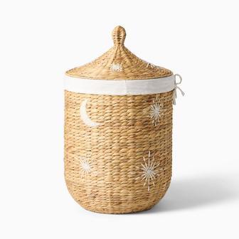 Round HandWoven Moon Stars Hamper Hyacinth Storage Baskets with Lid | Rusticozy