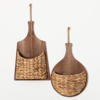 Set of 2 Minimal Wall Decorative Wall Pocket Water Hyacinth Wall Basket With Wooden Board | Rusticozy