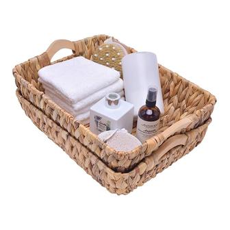 Set of 2 Natural Hyacinth Storage Baskets With Wooden Handles For Shelves Decorative Bathroom Organization | Rusticozy AU