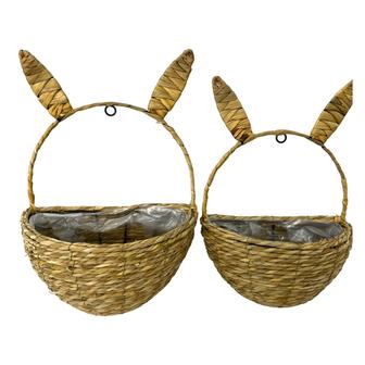 Set of 2 Seagrass Wicker Craft Woven Hanging Storage Basket With Bunny Ears Design For Home Wall Decor | Rusticozy UK