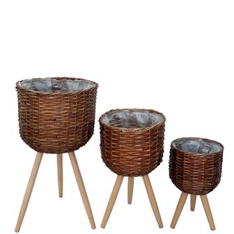 Set of 3 Brown Grass Rope Wood Planters Basket Flowerpot With Three Timber Toe And Plastic Lining | Rusticozy UK