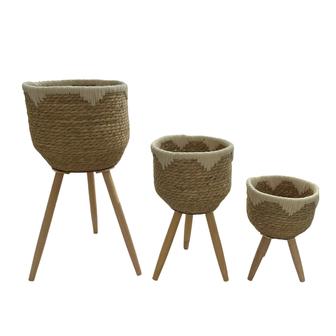 Set of 3 Grass Basket Flowerpots with Timber Toes and Plastic Lining Home Decor | Rusticozy UK