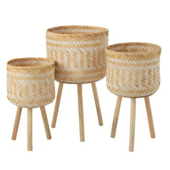 Set of 3 Handcrafted Natural And White Bamboo Planter Pot With Wood Stand Legs Holder Indoor Decor Home Gardens | Rusticozy