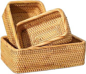 Set of 3 Handmade Rattan Woven Baskets Fruit Bread Rectangular Wicker Basket For Organizer | Rusticozy CA