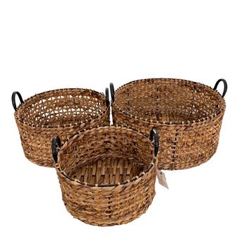 Set of 3 Handmade Round Shape Water Hyacinth Woven Wicker Basket | Rusticozy CA