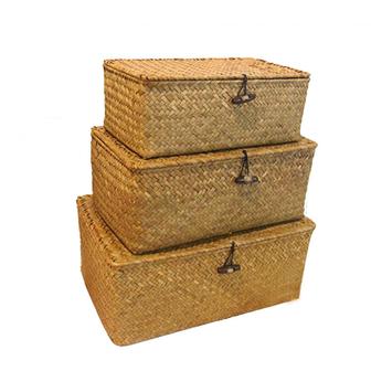 Set of 3 Medium Woven Wicker Storage Bins With Lid Natural Seagrass Storage Baskets | Rusticozy