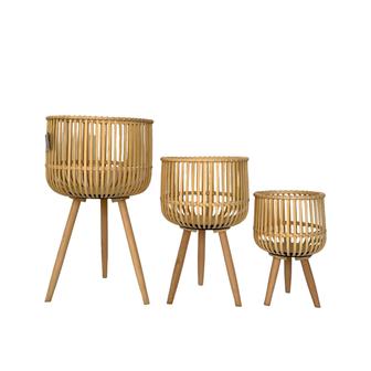 Set of 3 Plant Pot Home Decor Handmade Wood Bamboo Flower Planter Basket With Plastic Film Lining With Strap Leg | Rusticozy DE