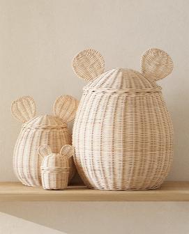 Set of 3 Rattan Baskets With Ears Woven Beige Rattan Basket For Kid | Rusticozy AU