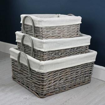 Set of 3 Rectangular Gray Wicker Laundry Storage Basket Home Storage Wicker Basket With Leather Handle | Rusticozy