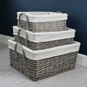 Set of 3 Rectangular Wicker Basket With Handles and Liner for Home Storage | Rusticozy