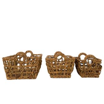 Set of 3 Water Hyacinth Basket With Two Handle Natural Material Handmade For Home Storage Or Decor | Rusticozy CA