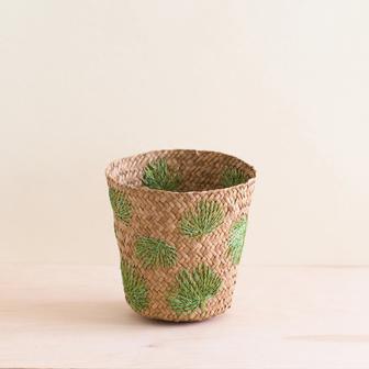 Small Handcrafted Natural Hand Woven Seagrass Basket With Leaves Embroidery Baskets | Rusticozy