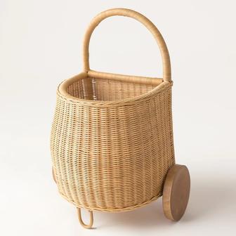 Versatile Rattan Standing With Arched Handle Rustic Charm Rattan Storage Wagon For Kids | Rusticozy