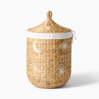 Water Hyacinth Basket With Lids Embroidered Storage Basket With Linen Liner Hamper For Kids And Babies Room | Rusticozy