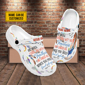 He Will Cover You With His Feathers And Under His Wings You Will Find Refuge Customized Crocs Clogs Shoes Unisex Clogs Flowers And Cross Crocs Clogs Shoes Gift For Jesus Lovers Personalized Clogs - Monsterry