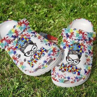 Autism Awareness Day Autism Mom Messy Bun Puzzle Pieces Paint Color Crocband Clog Shoes - Monsterry AU