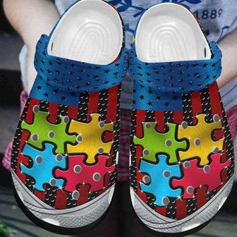 Autism Awareness Day Autism Puzzle Usa Flag Iron Style Crocband Clog Shoes - Monsterry UK