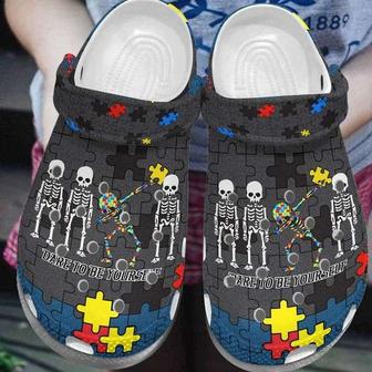 Autism Awareness Day Skeleton Dare To Be Yourself Autism Puzzle Pieces Crocband Clog Shoes - Monsterry AU