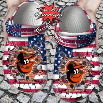 Baseball Personalized Borioles American Flag Breaking Wall Clog Shoes - Monsterry