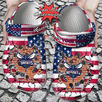 Basketball Personalized Chornets American Flag Breaking Wall Clog Shoes - Monsterry
