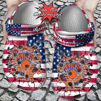 Basketball Personalized Ny Knicks American Flag Breaking Wall Clog Shoes - Monsterry UK