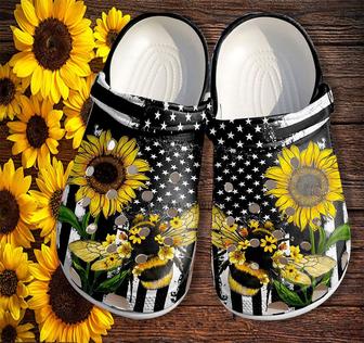 Bee Sunflower America Flag Shoes Gift Women Mother Day- 4Th Of July Bee Kind Shoes Croc Clogs - Monsterry