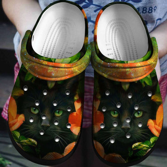 Black Cat In Flowers Crocband Clogs Shoes - Monsterry