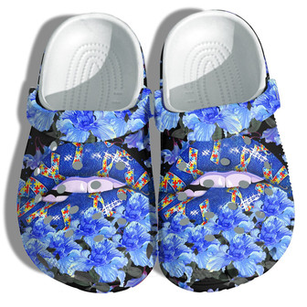 Blue Lip Autism Puzzel Style Shoes - In April Wear Blue Cute Shoes Clog Clogs Gifts For Women Girl - Monsterry