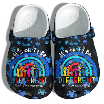 Blue Rainbow Autism Sign Hand Shoes For Girl Son Daughter - Its Ok To Be Different Autism Awareness Shoes Clog Clogs - Monsterry