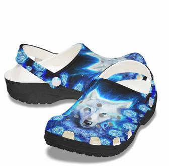 Blue Roses And Diamond Wolf Shoes - Wolf Rose Crocbland Clog Birthday Gifts For Women Mother Daughter - Monsterry DE