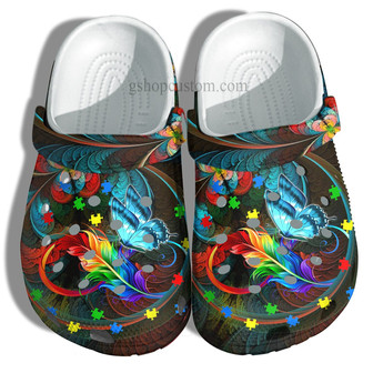 Butterfly Memory Rainbow Feather Shoes - Butterfly Autism Awareness Puzzel Shoes Clog Clogs Gifts Mother Day - Monsterry