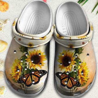 Butterfly On Sunflower Shoes Clogs - Sunflower World Custom Shoes Clogs - Monsterry
