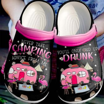 Camping Drunk With Flamingo Shoes - Never Take Camping Advice From Me Clog - Monsterry DE