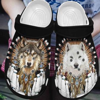 Couple Native Wolves Shoes - Brown And White Wolves Crocbland Clog Birthday Gifts For Couples Men Women - Monsterry CA
