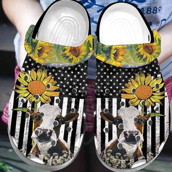 Cow With Sunflower Bw American Flag Farmer Clogs Shoes - Monsterry