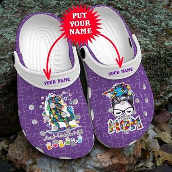 Custom Name Autism Awareness Day Autism Mom Messy Bun Puzzle Pieces Mothers Day Crocband Clog Shoes - Monsterry CA