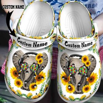 Custom Name Autism Awareness Day Sunflower Elephant Glasses Puzzle Pieces Crocband Clog Shoes - Monsterry DE