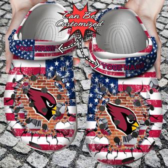 Football Personalized Acardinals American Flag Breaking Wall Clog Shoes - Monsterry
