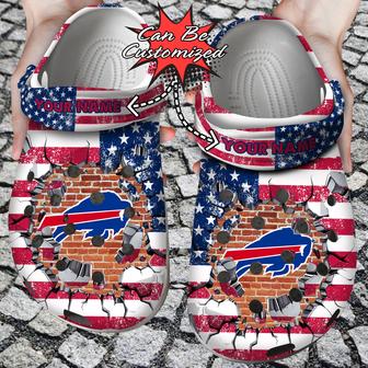 Football Personalized Bbills American Flag Breaking Wall Clog Shoes - Monsterry CA