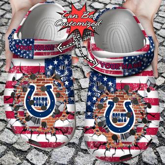 Football Personalized Icolts American Flag Breaking Wall Clog Shoes - Monsterry