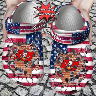 Football Personalized Tb Buccaneers American Flag Breaking Wall Clog Shoes | Favorety CA