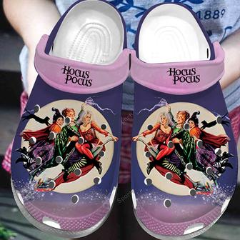 Funny Purple Hocus Pocus On Broom Halloween Clogs Shoes - Monsterry