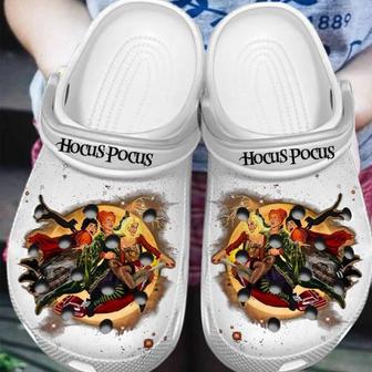 Funny White Hocus Pocus Witches On Broom Halloween Clogs Shoes - Monsterry DE