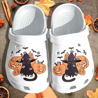 Halloween Black Cat Kawaii Wearing Witch Hat Crocband Clogs Shoes - Monsterry