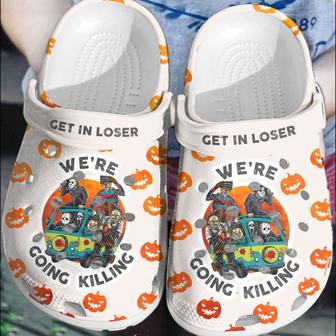 Halloween Pumkin Get In Loser Killing Characters On Hippie Van Crocband Clogs - Monsterry CA
