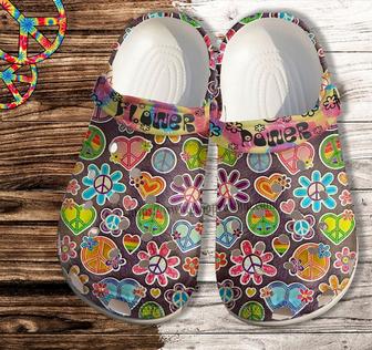 Heart Hippie Peace Flower Sticker Croc Shoes For Women- Hippie Flower World Shoes Croc Clogs - Monsterry DE