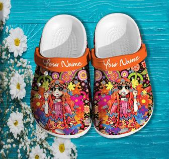 Hippie Girl Peace Orange Shoes Birthday Gift Daughter Niece- Hippie Flower Peace Girl Shoes Croc Clogs Customize - Monsterry DE